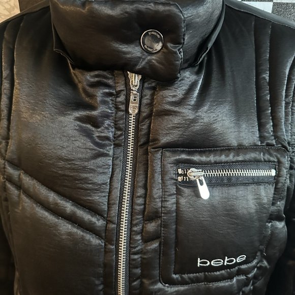 BEBE Long Black Satin Down Puffer Coat SIZE SM - Picture 4 of 10